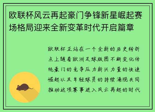 欧联杯风云再起豪门争锋新星崛起赛场格局迎来全新变革时代开启篇章 欧联杯风云再起豪门争锋新星崛起赛场格局迎来全新变革时代开启篇章
